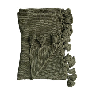 Cotton Knit Throw w/Tassels | Olive Green