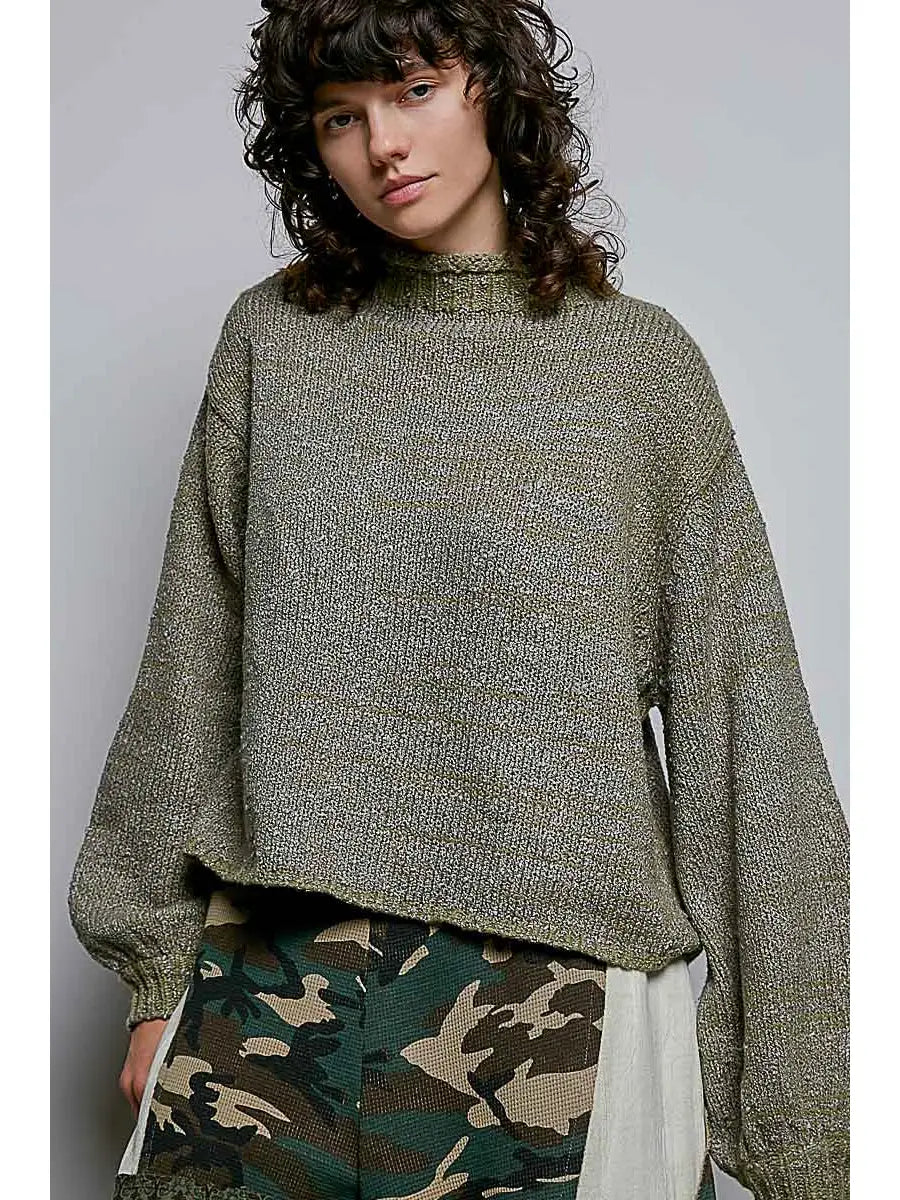 High-Neck Balloon Sleeve Rolling Edge Sweater