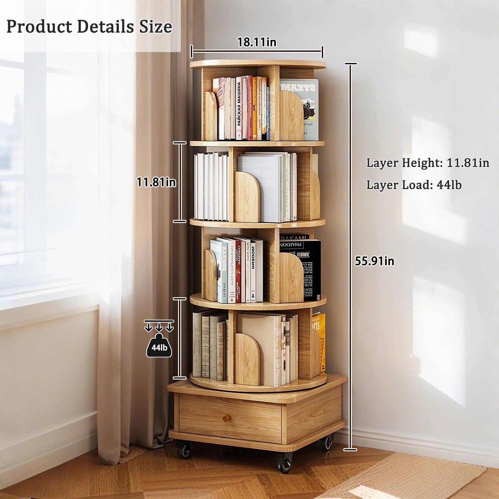 Rotating Bookshelf w/Drawer | 6 Tier