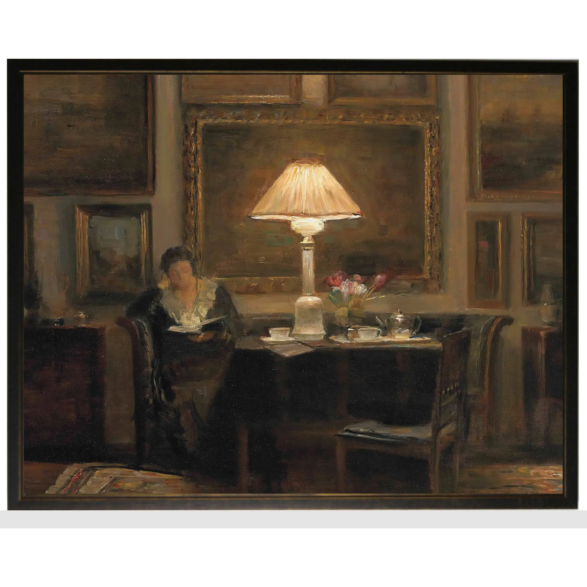 Vintage House Interior Painting - Lady Reading By Lamp | 10" x 8"