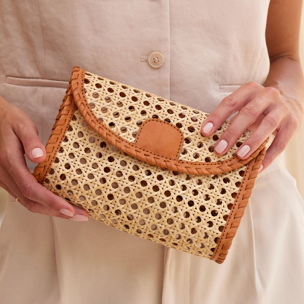 Rattan Clutch w/Leather Trim and Crossbody Strap