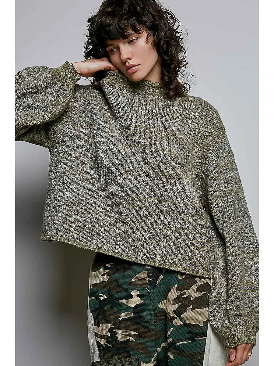 High-Neck Balloon Sleeve Rolling Edge Sweater