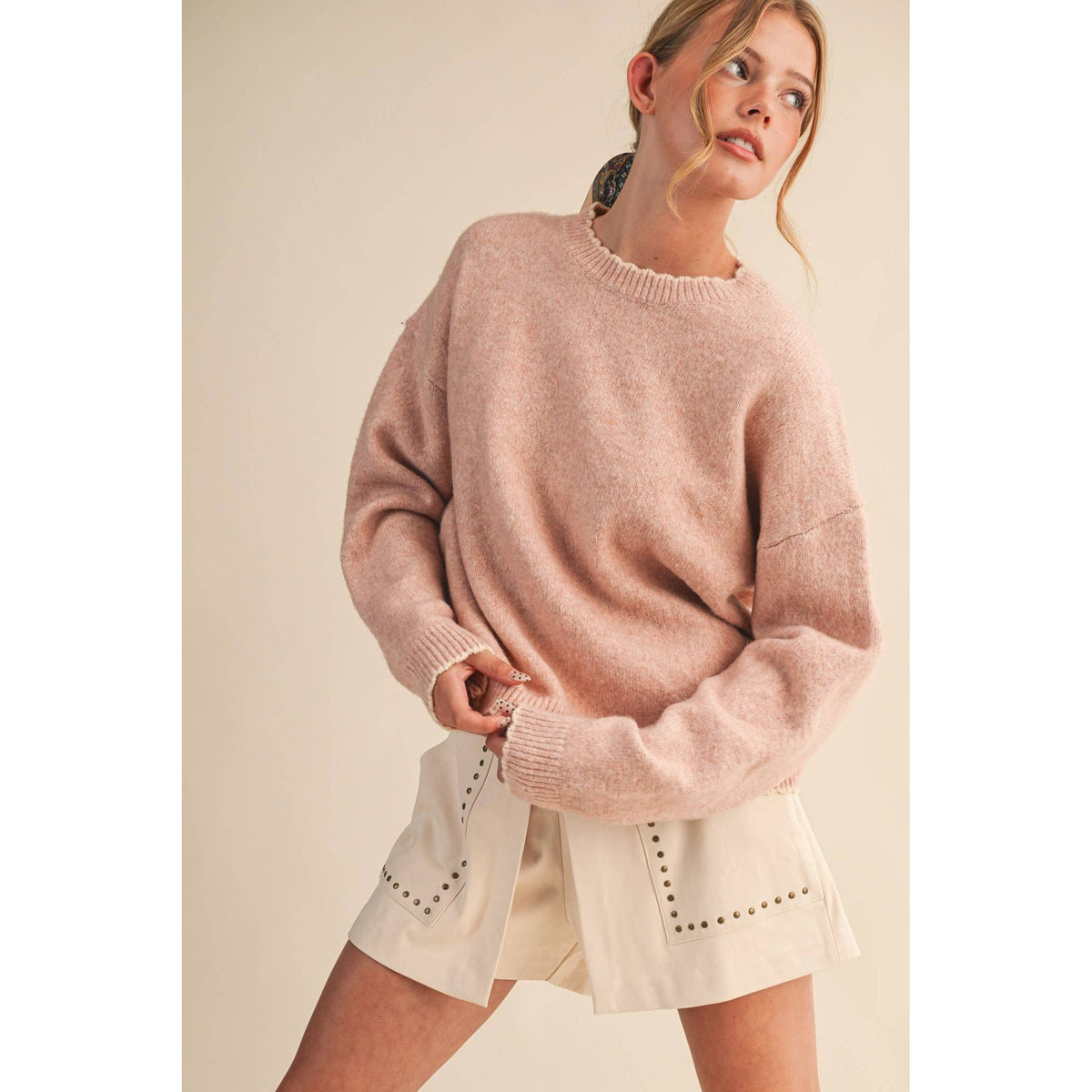 &MERCI - CONTRAST KNIT SCALLOPED EDGE SWEATER MSW11114: CHARCOAL PINK / S