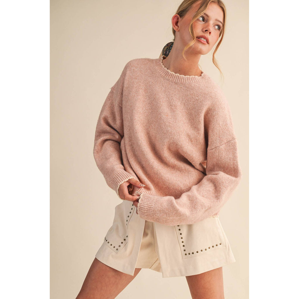 &MERCI - CONTRAST KNIT SCALLOPED EDGE SWEATER MSW11114: CHARCOAL PINK / L