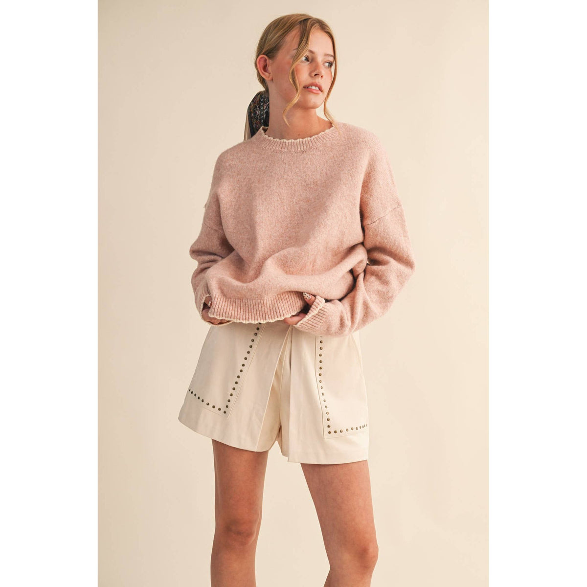 &MERCI - CONTRAST KNIT SCALLOPED EDGE SWEATER MSW11114: CHARCOAL PINK / S