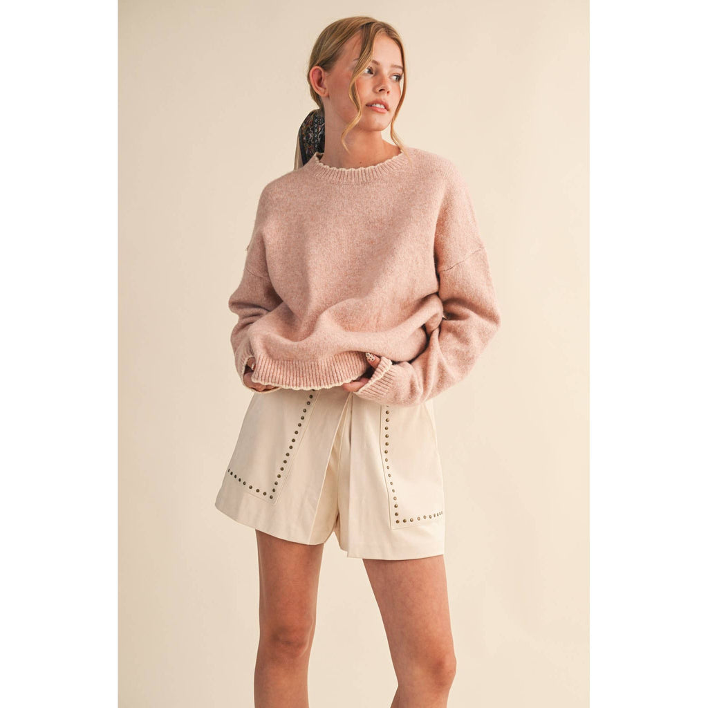 &MERCI - CONTRAST KNIT SCALLOPED EDGE SWEATER MSW11114: CHARCOAL PINK / L