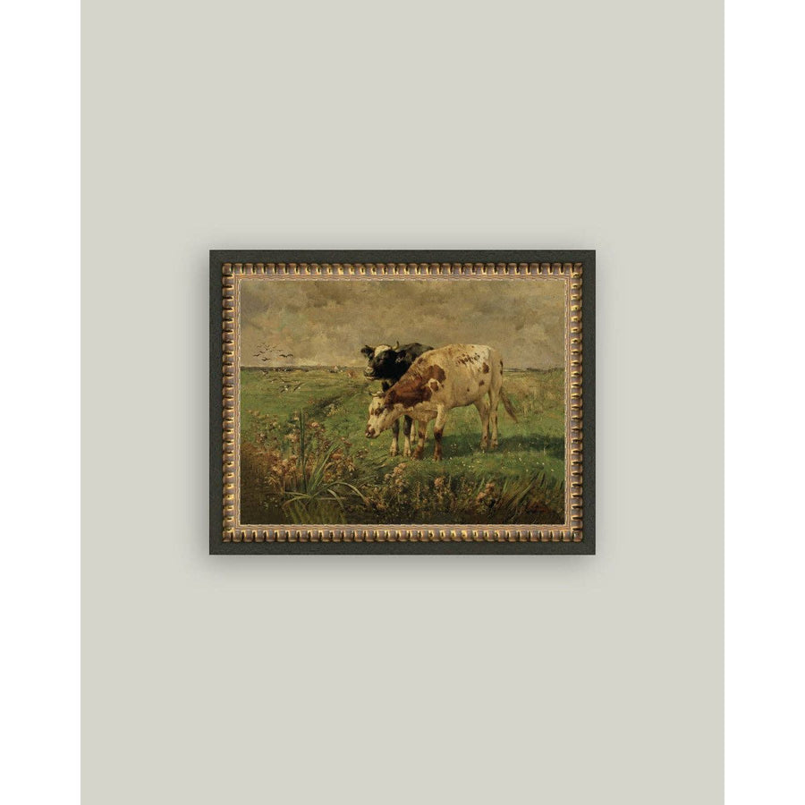 Black &  Brown Cows Framed Antique Art | 7 x 5