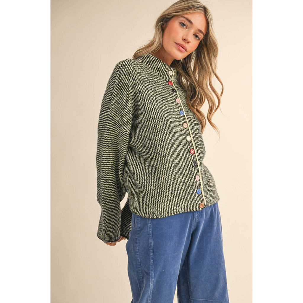 &MERCI - STRIPED SWEATER CARDIGAN WITH COLORFUL BUTTONS MSW11250: IVORY RED / M