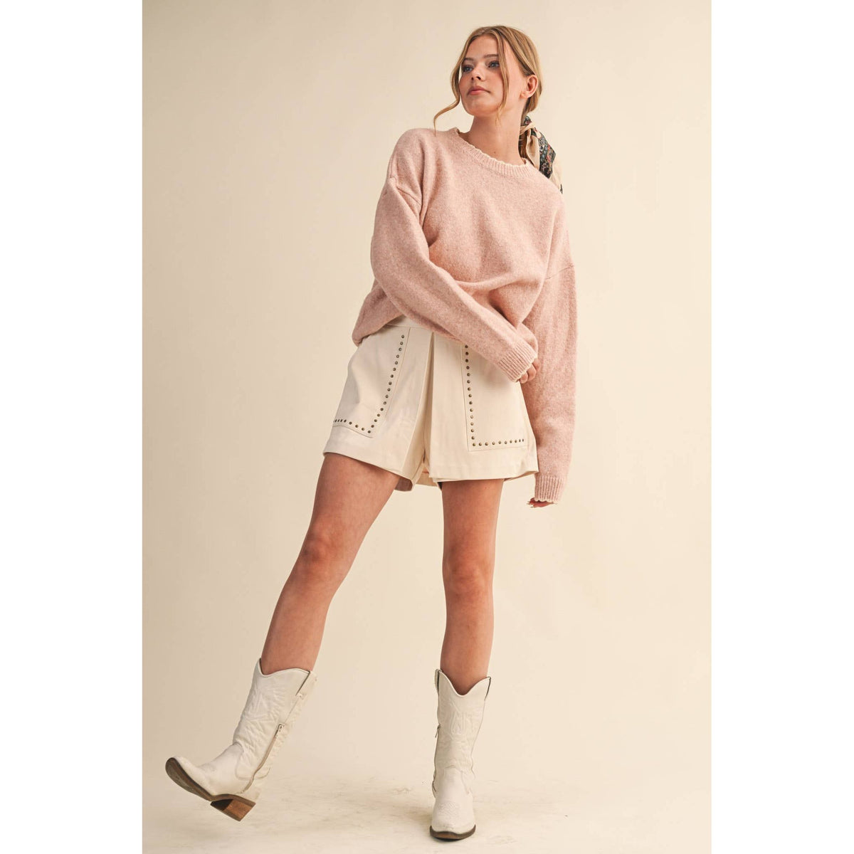 &MERCI - CONTRAST KNIT SCALLOPED EDGE SWEATER MSW11114: CHARCOAL PINK / L