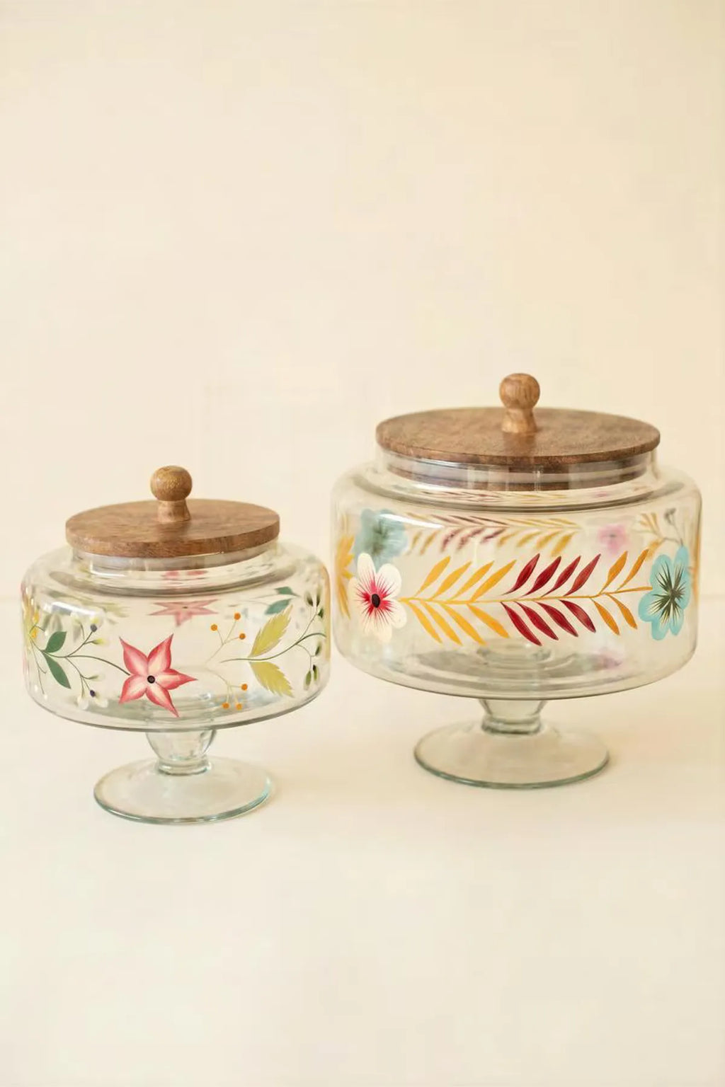 S/2 Hand-Pained Floral Footed Glass Canisters
