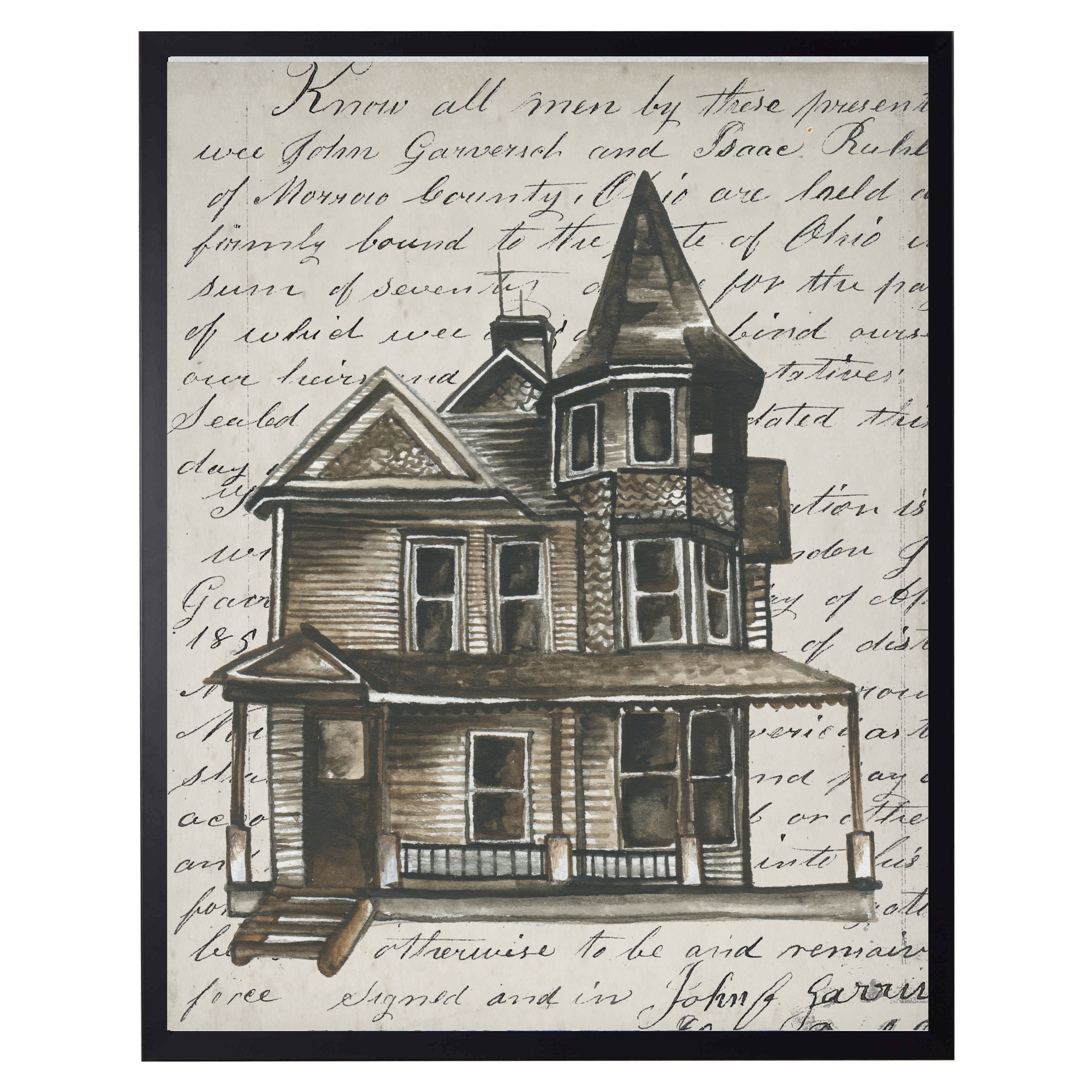 Watercolor Haunted House on Vintage Writing