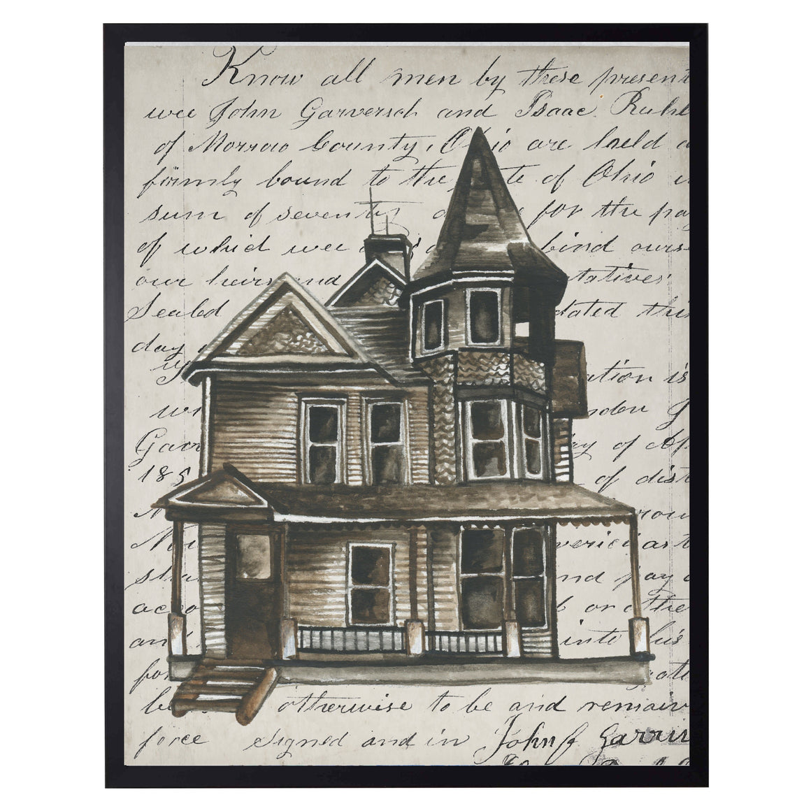 Watercolor Haunted House on Vintage Writing