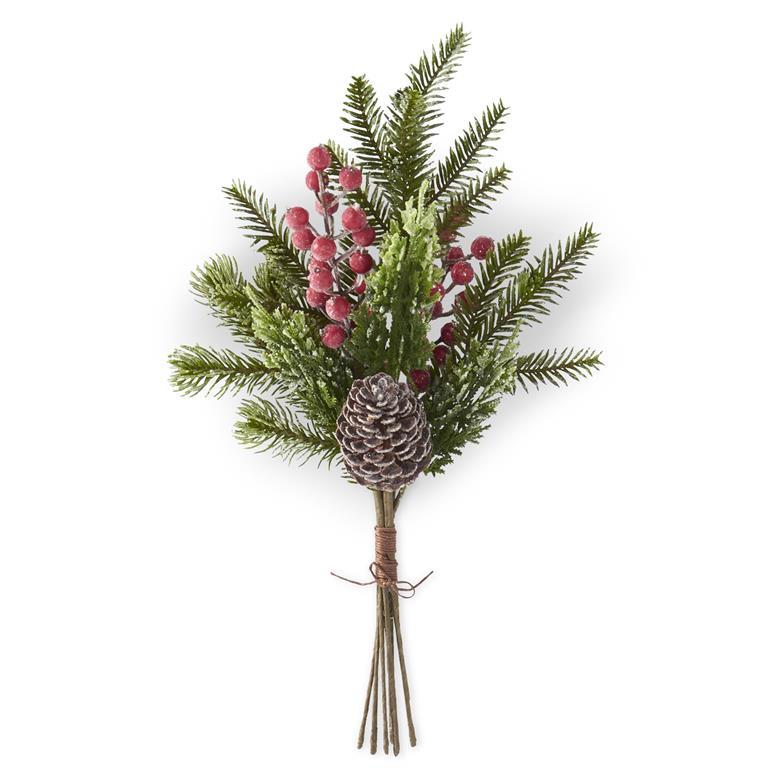 Glittered Icy Mixed Pine Bundle w/Red Berries & Pinecones