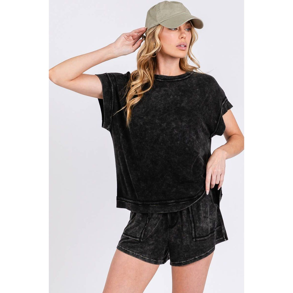 Mineral Washed Top & Shorts Rib Set | Black