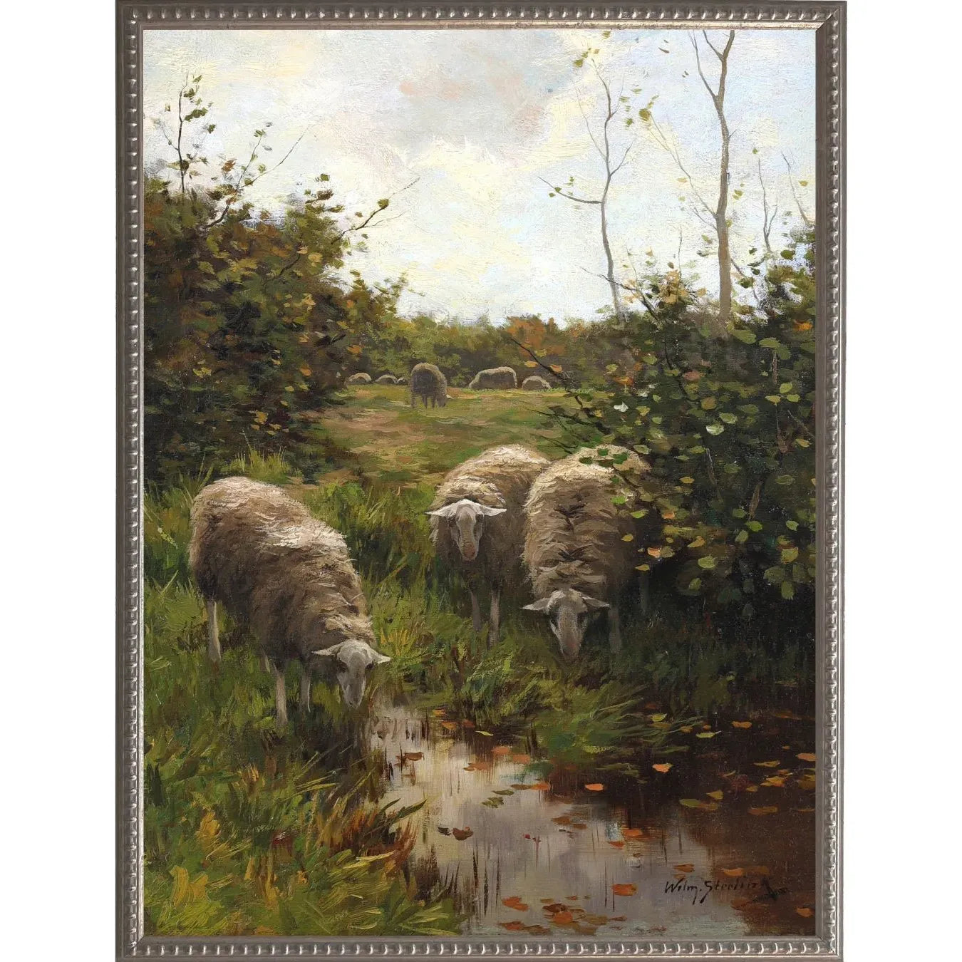 Vintage Pastoral Painting | Sheep by Stream