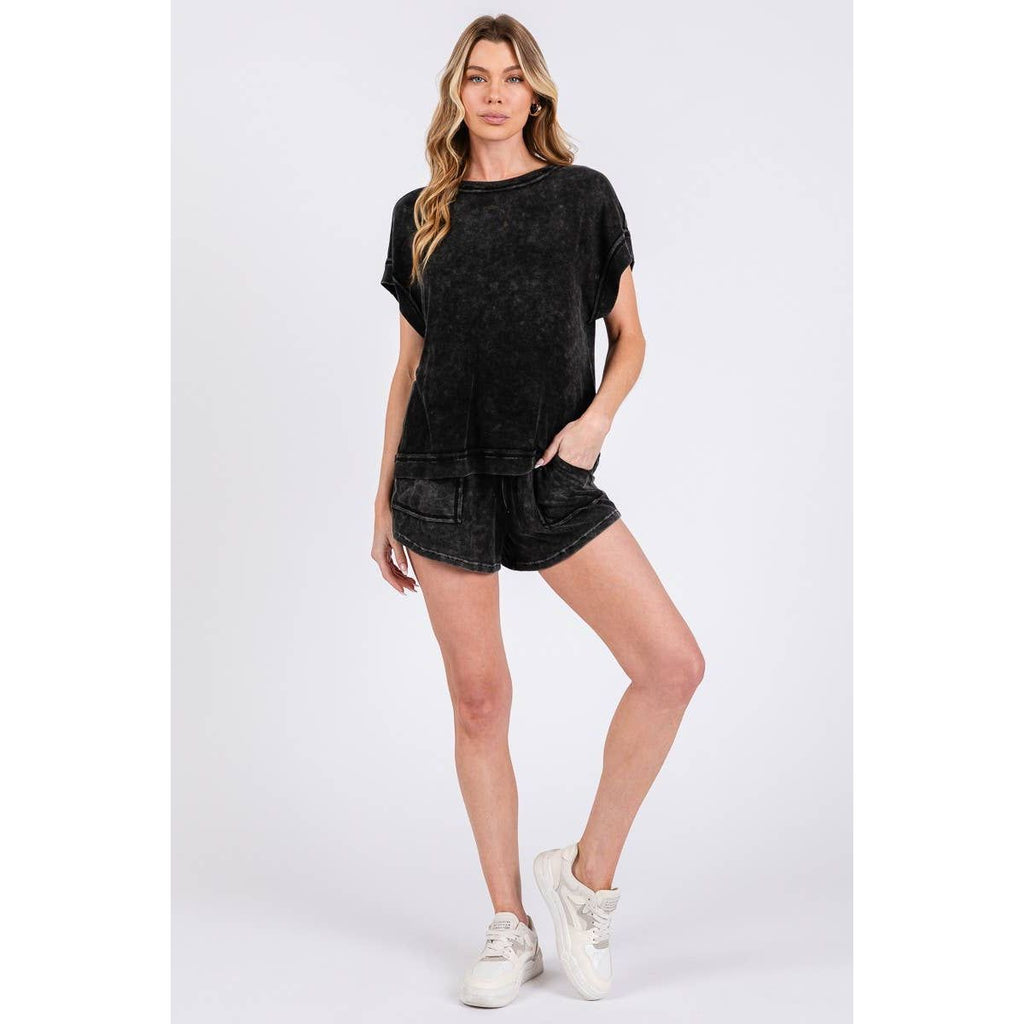 Mineral Washed Top & Shorts Rib Set | Black
