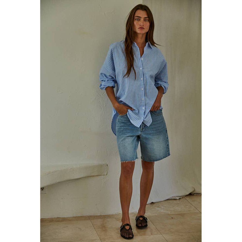 By Together - L8287 | Woven Cotton Polyester Striped Buttondown Shirt: Denim Blue / L