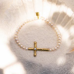 Poetic Cross Pearl Stretch Bracelet