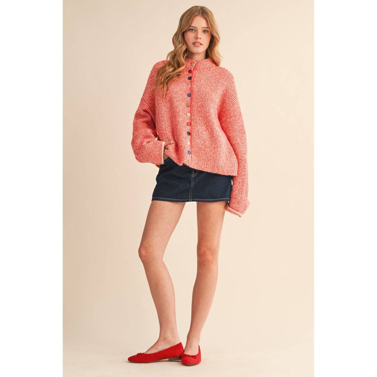 &MERCI - STRIPED SWEATER CARDIGAN WITH COLORFUL BUTTONS MSW11250: IVORY RED / M