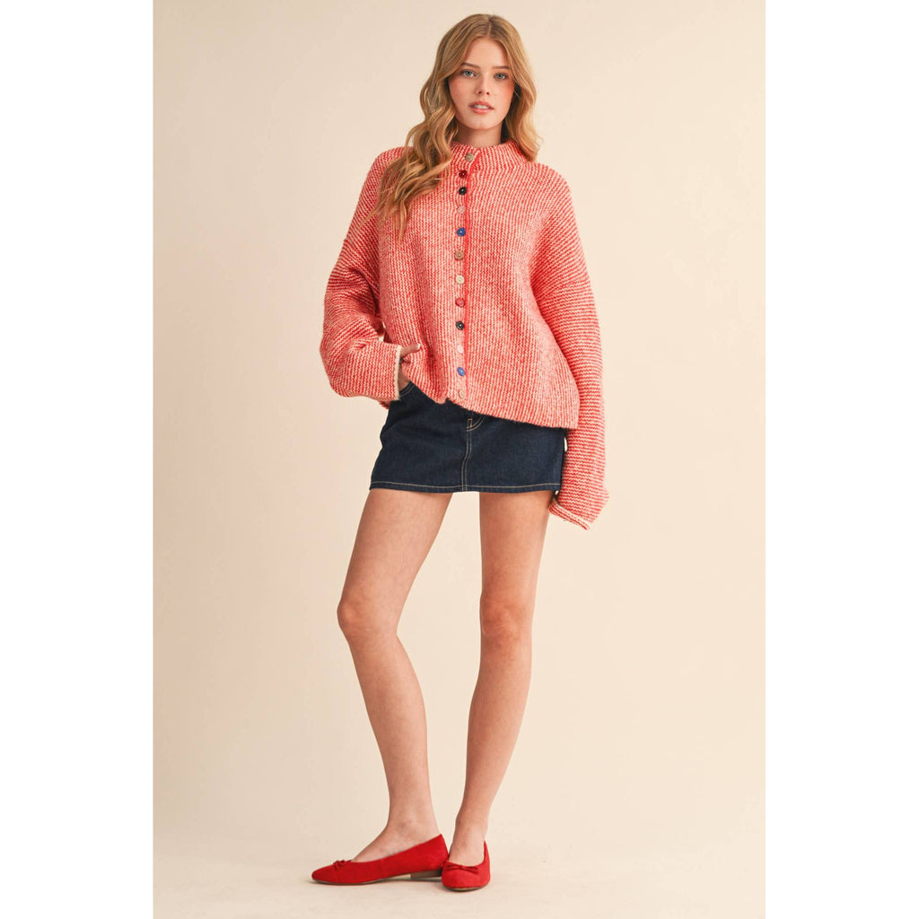 &MERCI - STRIPED SWEATER CARDIGAN WITH COLORFUL BUTTONS MSW11250: IVORY RED / S