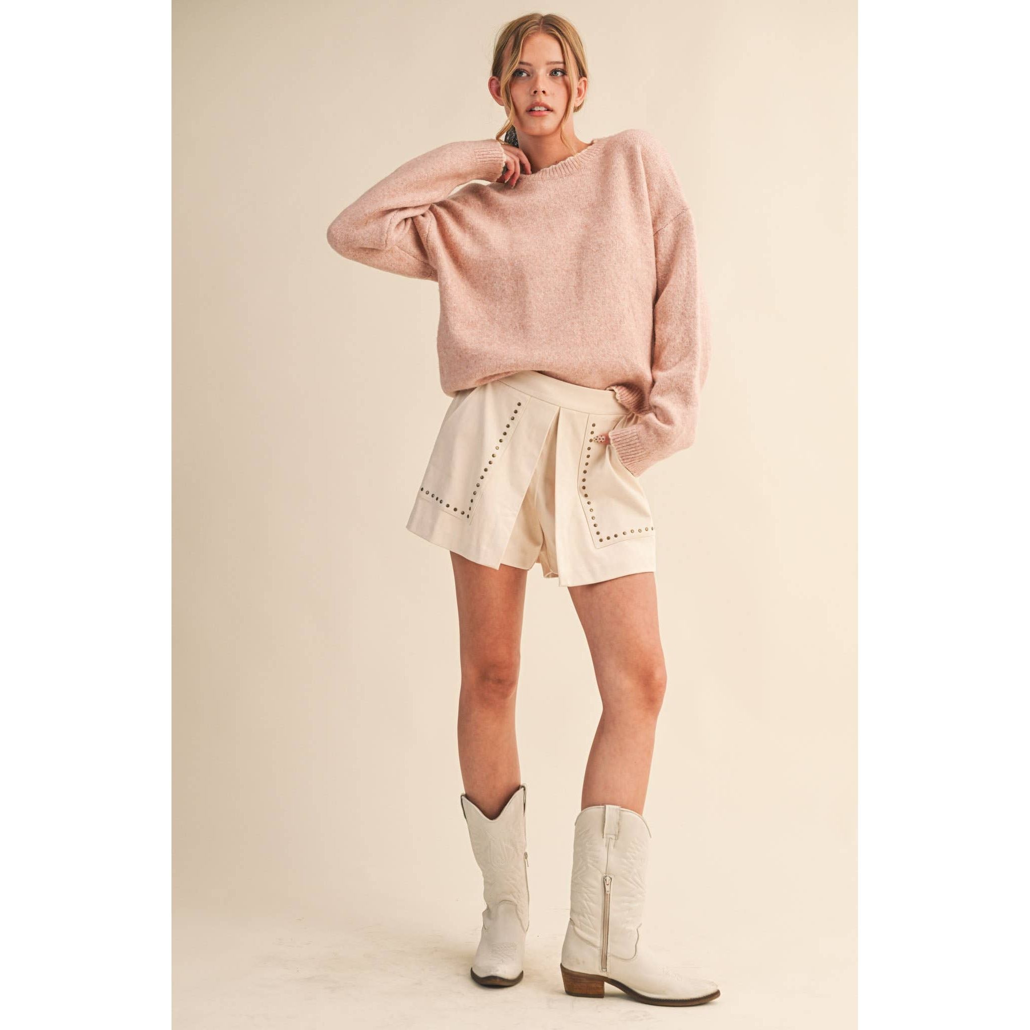 &MERCI - CONTRAST KNIT SCALLOPED EDGE SWEATER MSW11114: CHARCOAL PINK / L