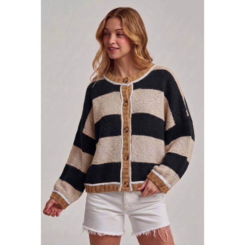 BON - WIDE STRIPE EVERYDAY COZY FALL SWEATER CARDIGAN_JLT00445-01: BLUE/BROWN / S-M-L(2-2-2)