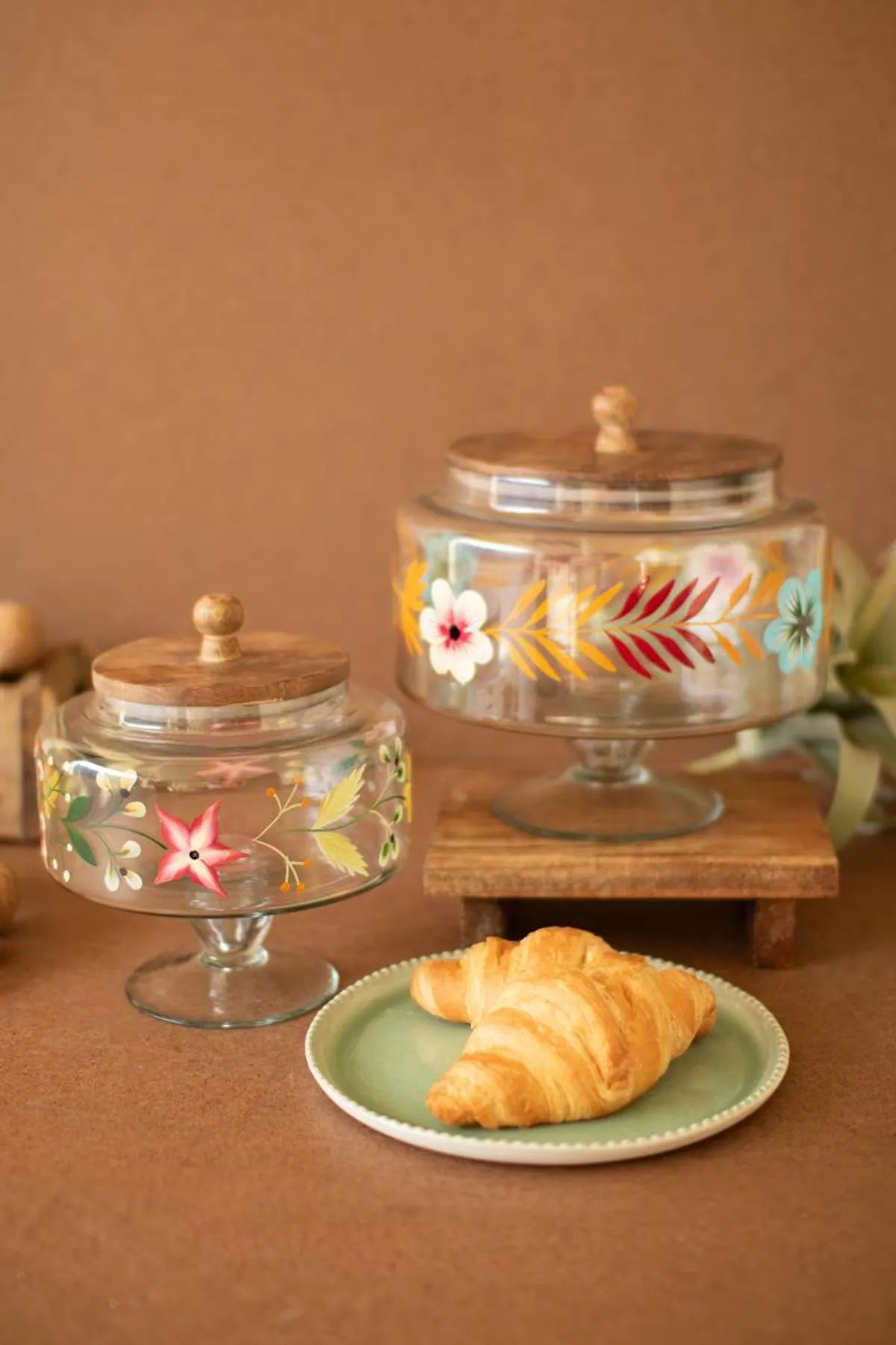 S/2 Hand-Pained Floral Footed Glass Canisters