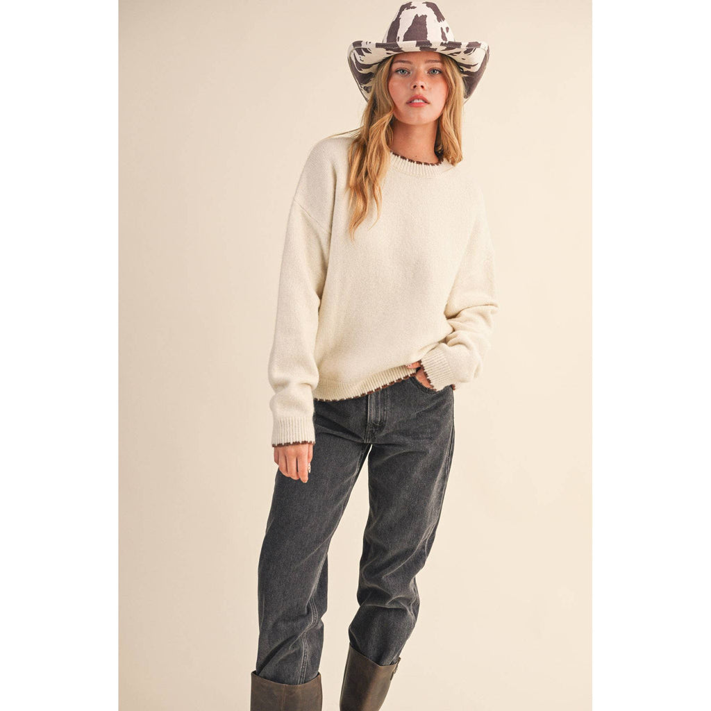 &MERCI - CONTRAST KNIT SCALLOPED EDGE SWEATER MSW11114: CHARCOAL PINK / L
