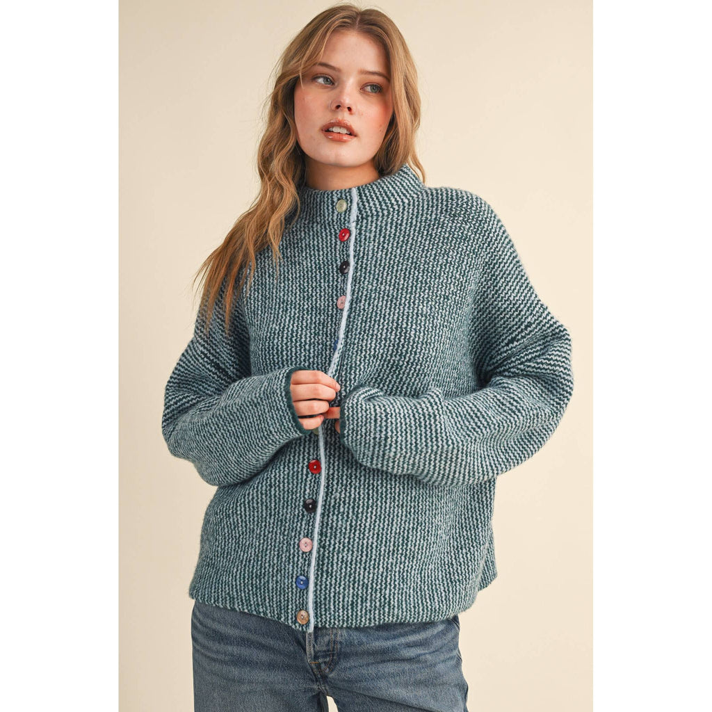 &MERCI - STRIPED SWEATER CARDIGAN WITH COLORFUL BUTTONS MSW11250: IVORY RED / L