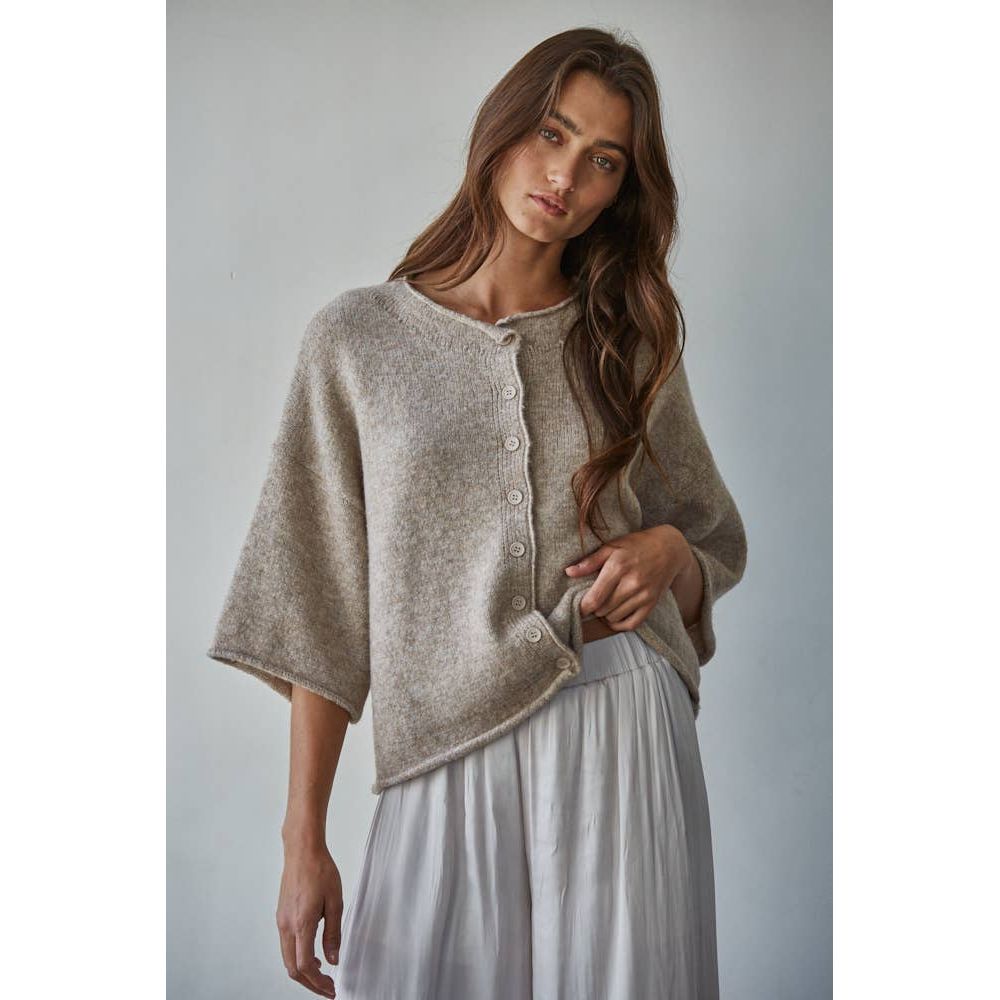 Knit Sweater Quarter Sleeve Button Up Cardigan Top