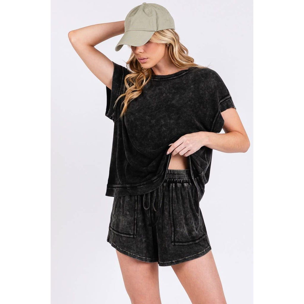 Mineral Washed Top & Shorts Rib Set | Black