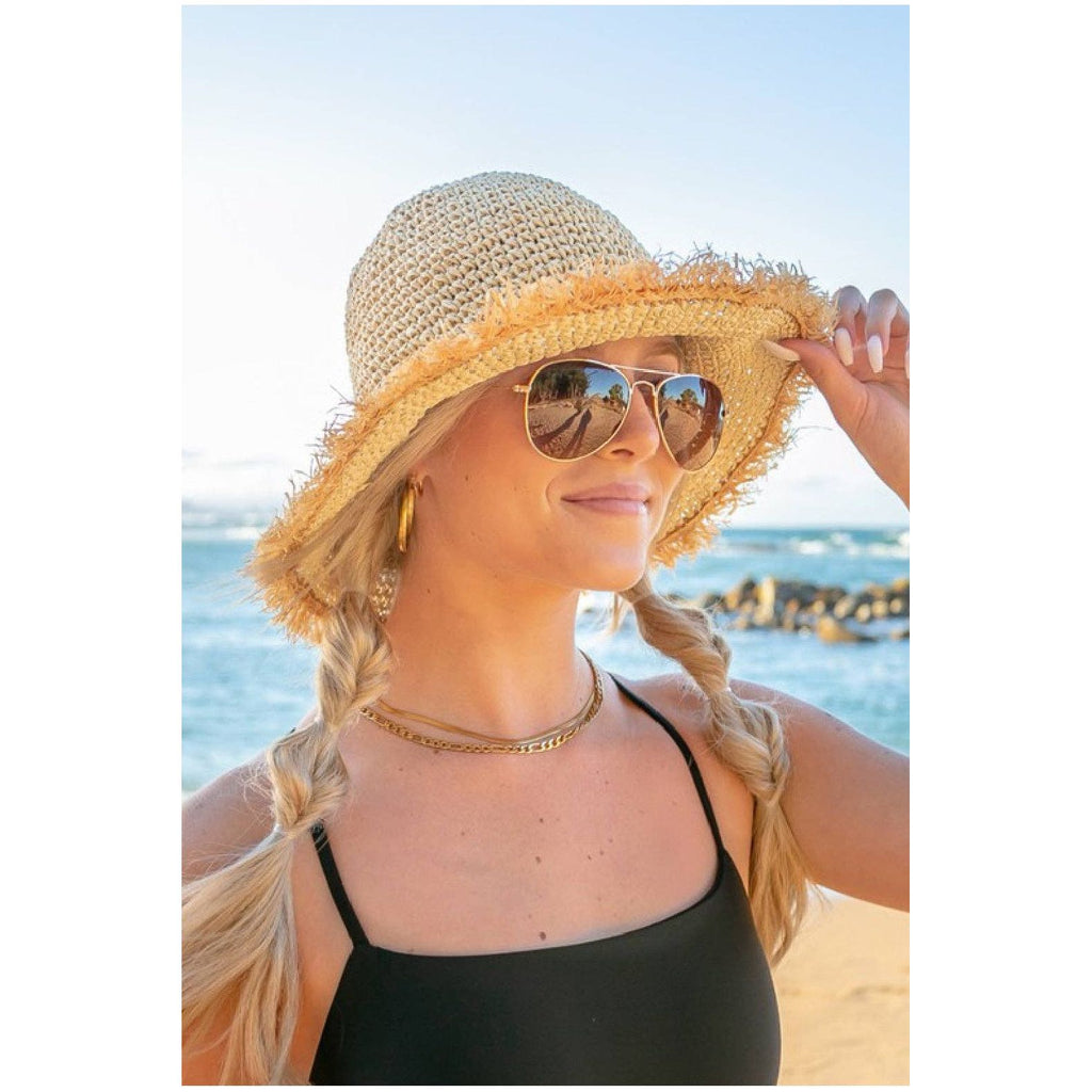 Frayed Edge Foldable Straw Bucket Hat | Beige