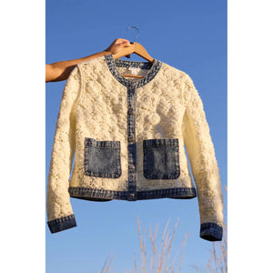Mixed Media Crochet Jacket w/Denim Detail | Eggshell