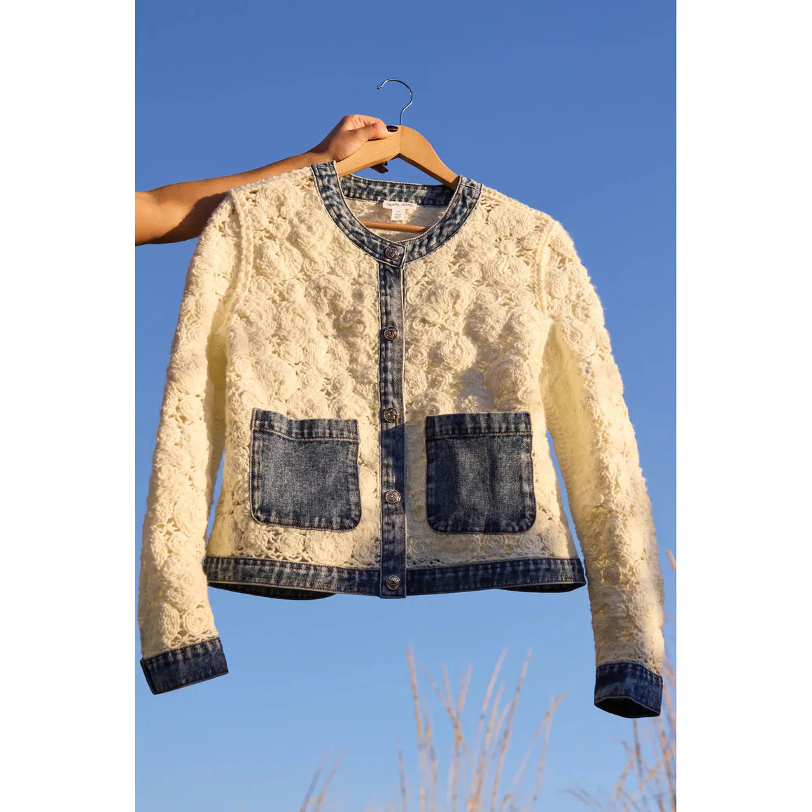 Mixed Media Crochet Jacket w/Denim Detail | Eggshell