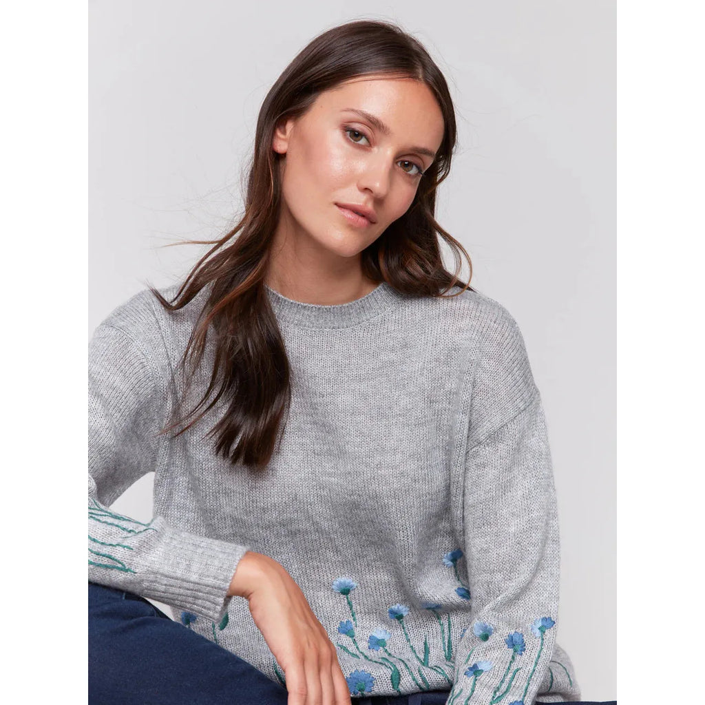 Sweater w/Embroidered Flowers | Grey