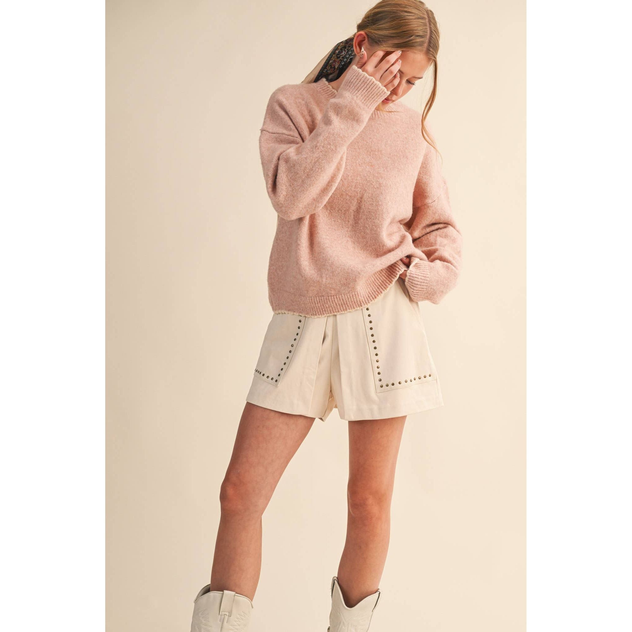 &MERCI - CONTRAST KNIT SCALLOPED EDGE SWEATER MSW11114: CHARCOAL PINK / S