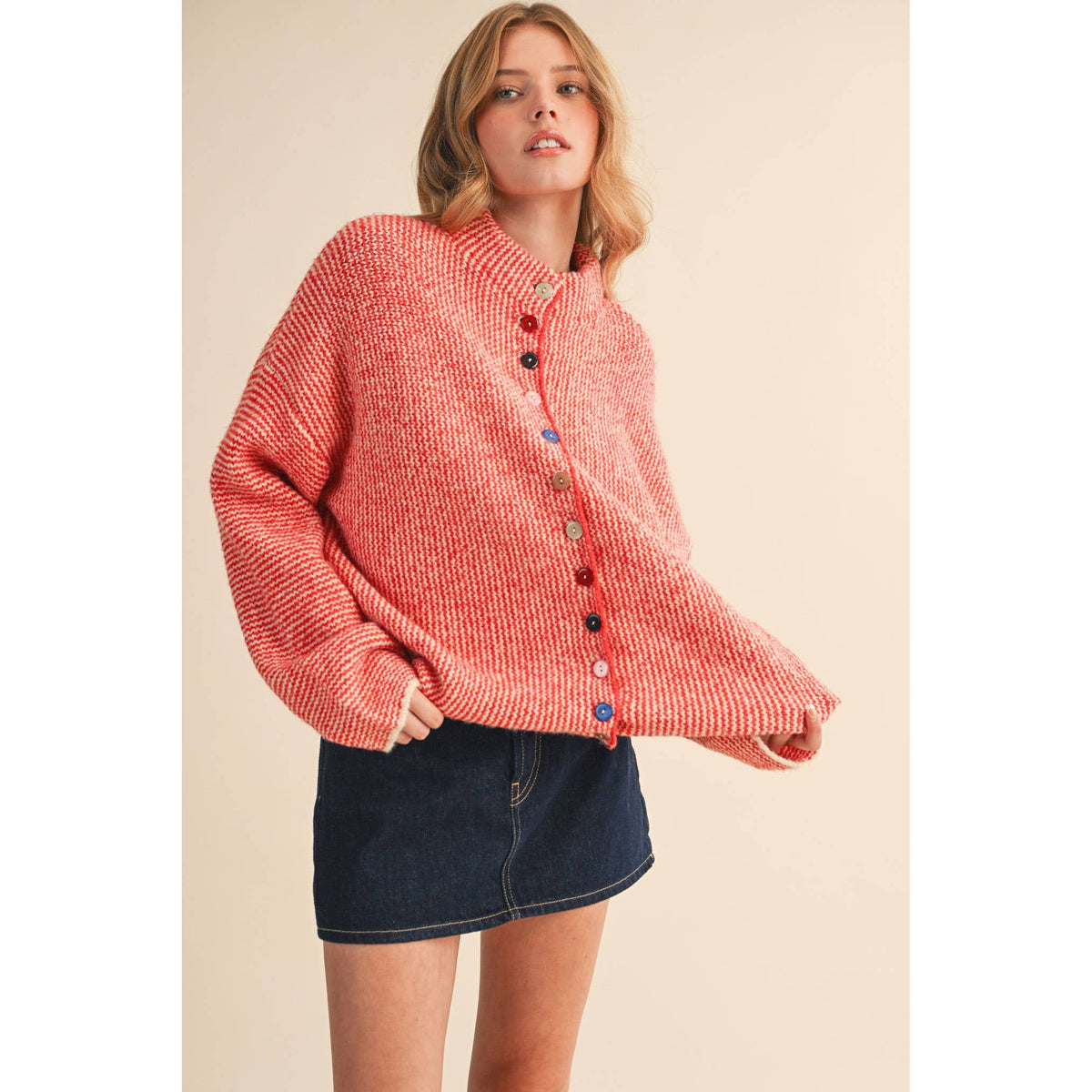 &MERCI - STRIPED SWEATER CARDIGAN WITH COLORFUL BUTTONS MSW11250: IVORY RED / M