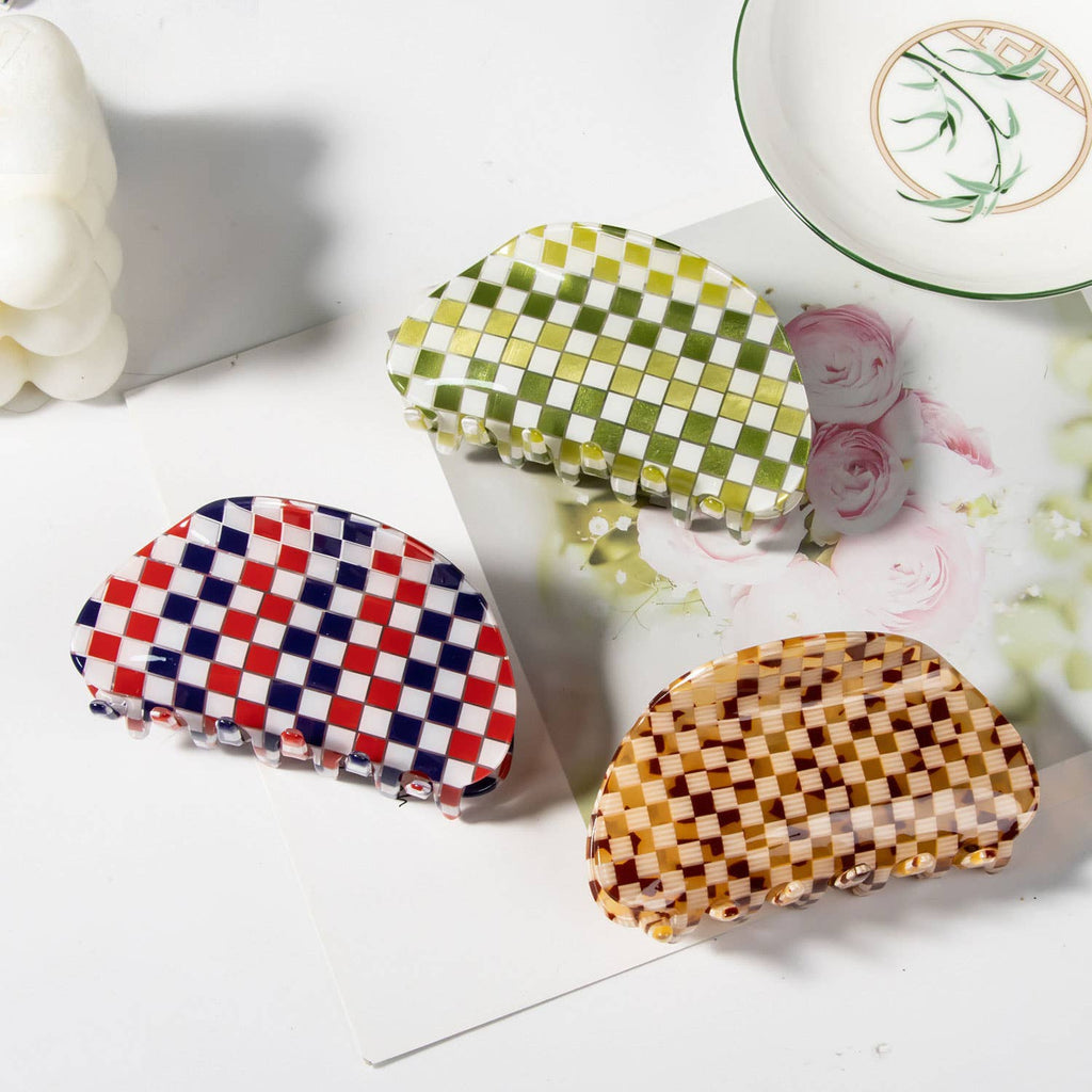 ACCITY - Checkerboard Acrylic Hair Claw Clip Half Round _CWAHA0326: Orange / (OS) 3