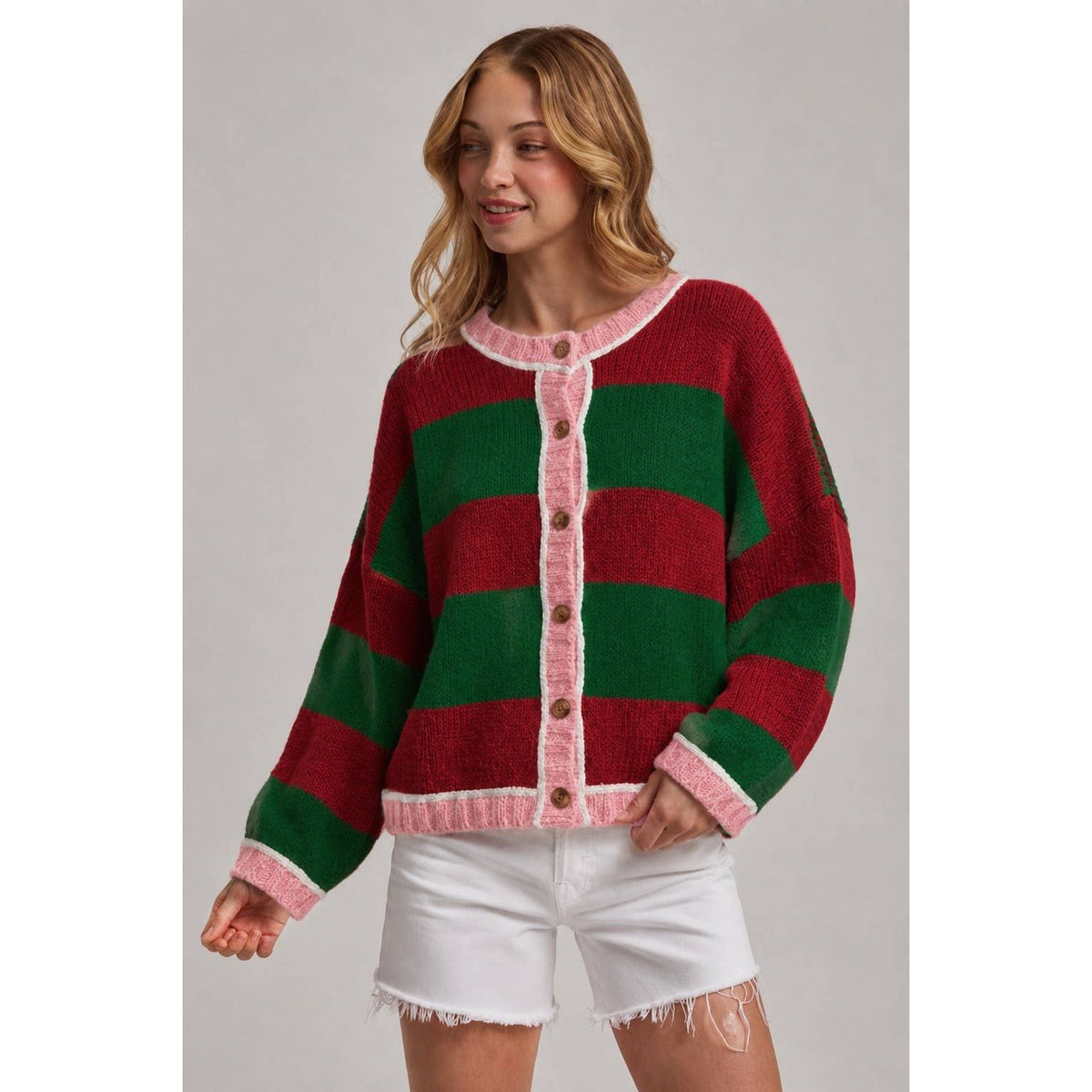 BON - WIDE STRIPE EVERYDAY COZY FALL SWEATER CARDIGAN_JLT00445-01: SAGE/OLIVE / S-M-L(2-2-2)