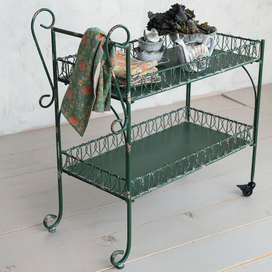 2-Tier Metal Bar Cart | Distressed Green