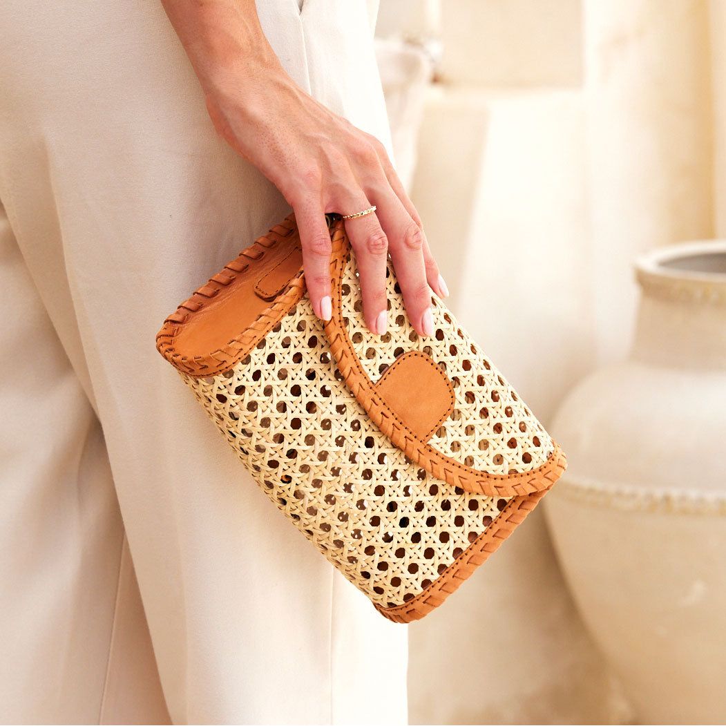 Rattan Clutch w/Leather Trim and Crossbody Strap