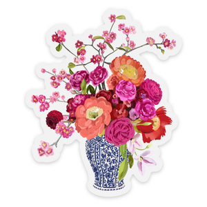 Clear Bouquet in Blue and White Vase Sticker, 2.7inx3.25 in.