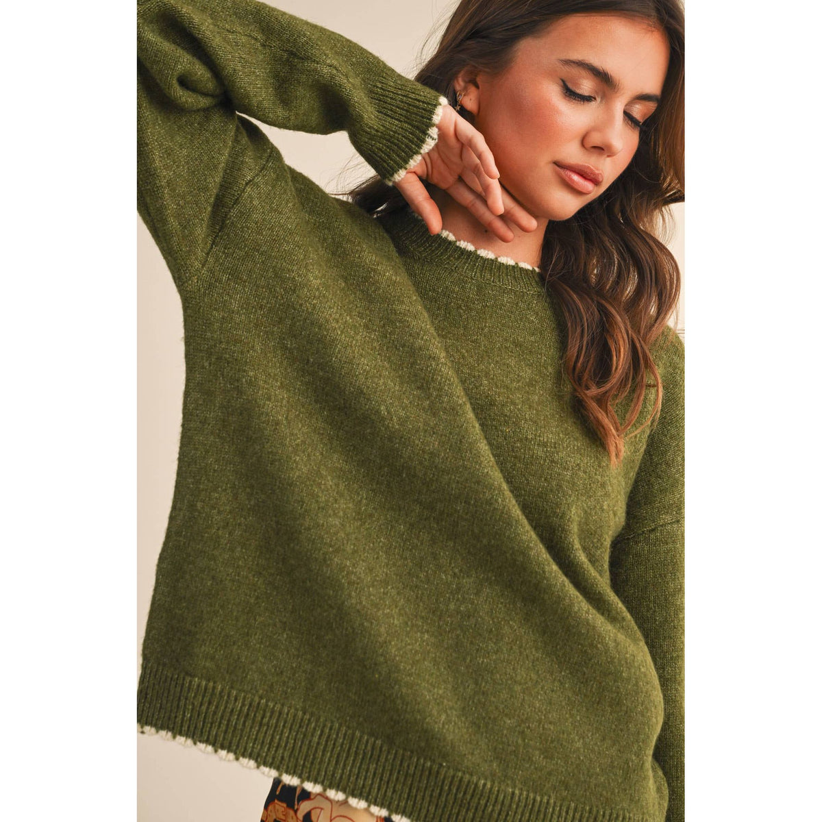 &MERCI - CONTRAST KNIT SCALLOPED EDGE SWEATER MSW11114: CHARCOAL PINK / L