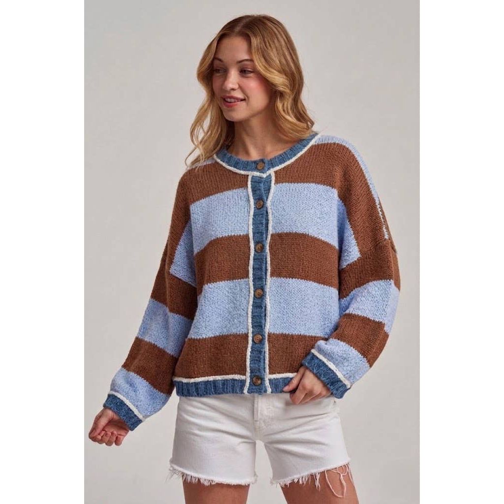 BON - WIDE STRIPE EVERYDAY COZY FALL SWEATER CARDIGAN_JLT00445-01: BLUE/BROWN / S-M-L(2-2-2)