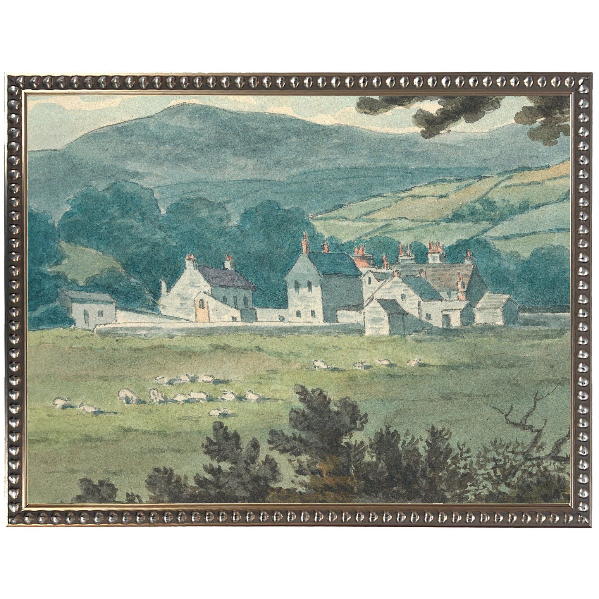 Vintage Watercolor | Landscape w/Animals Scene