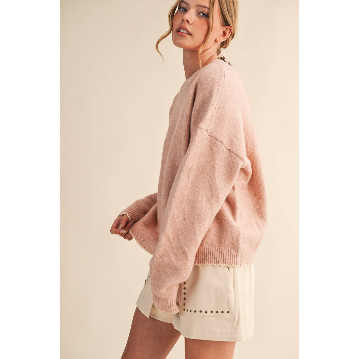 &MERCI - CONTRAST KNIT SCALLOPED EDGE SWEATER MSW11114: CHARCOAL PINK / L
