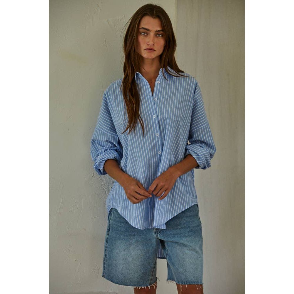 By Together - L8287 | Woven Cotton Polyester Striped Buttondown Shirt: Denim Blue / S