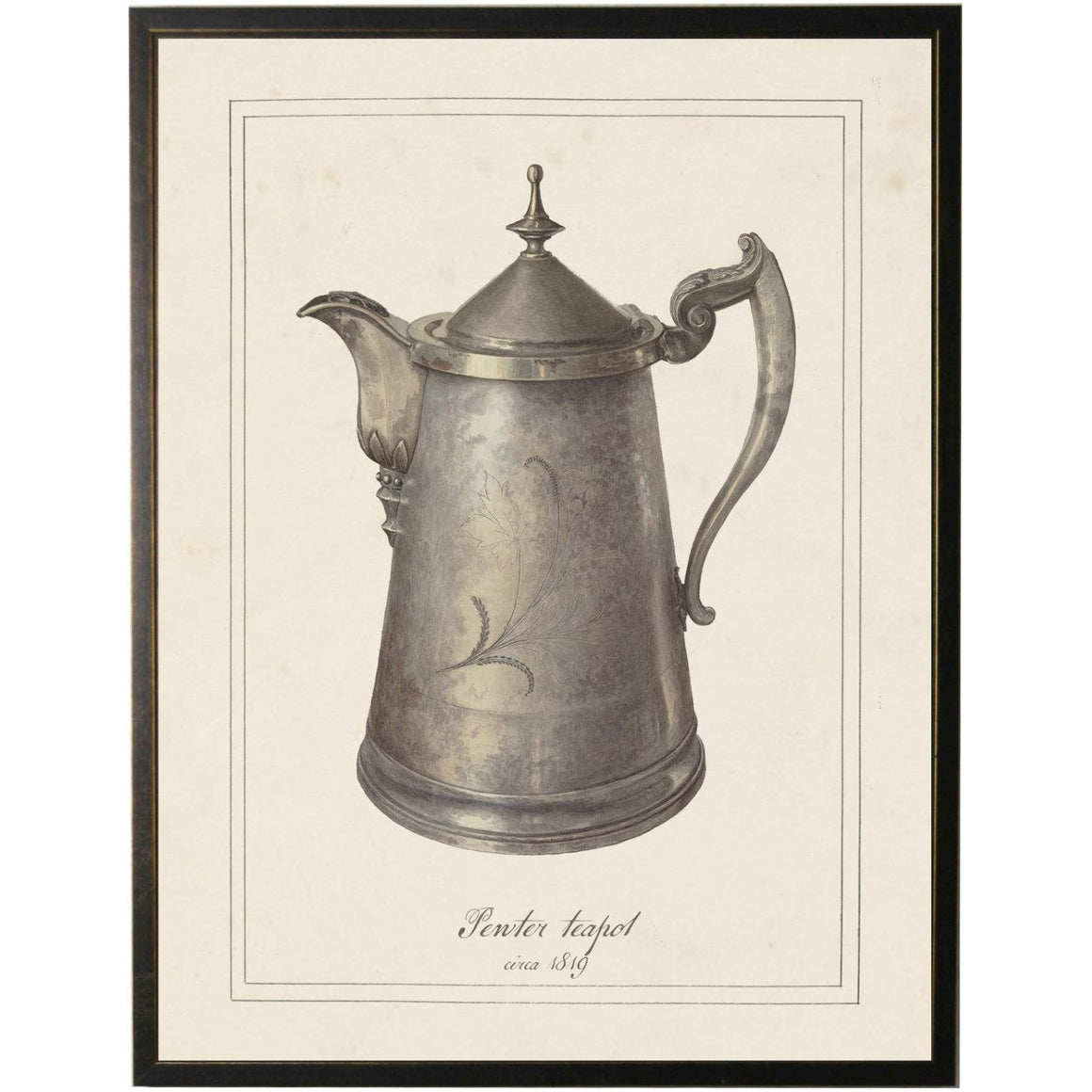 Watercolor Pewter Teapot Painting Custom Framed Art