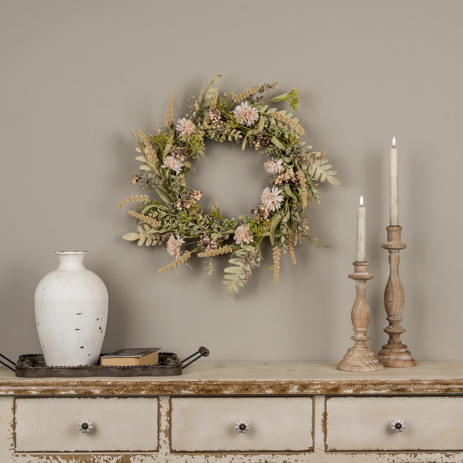 Cream Pom Pom & Foliage Wreath
