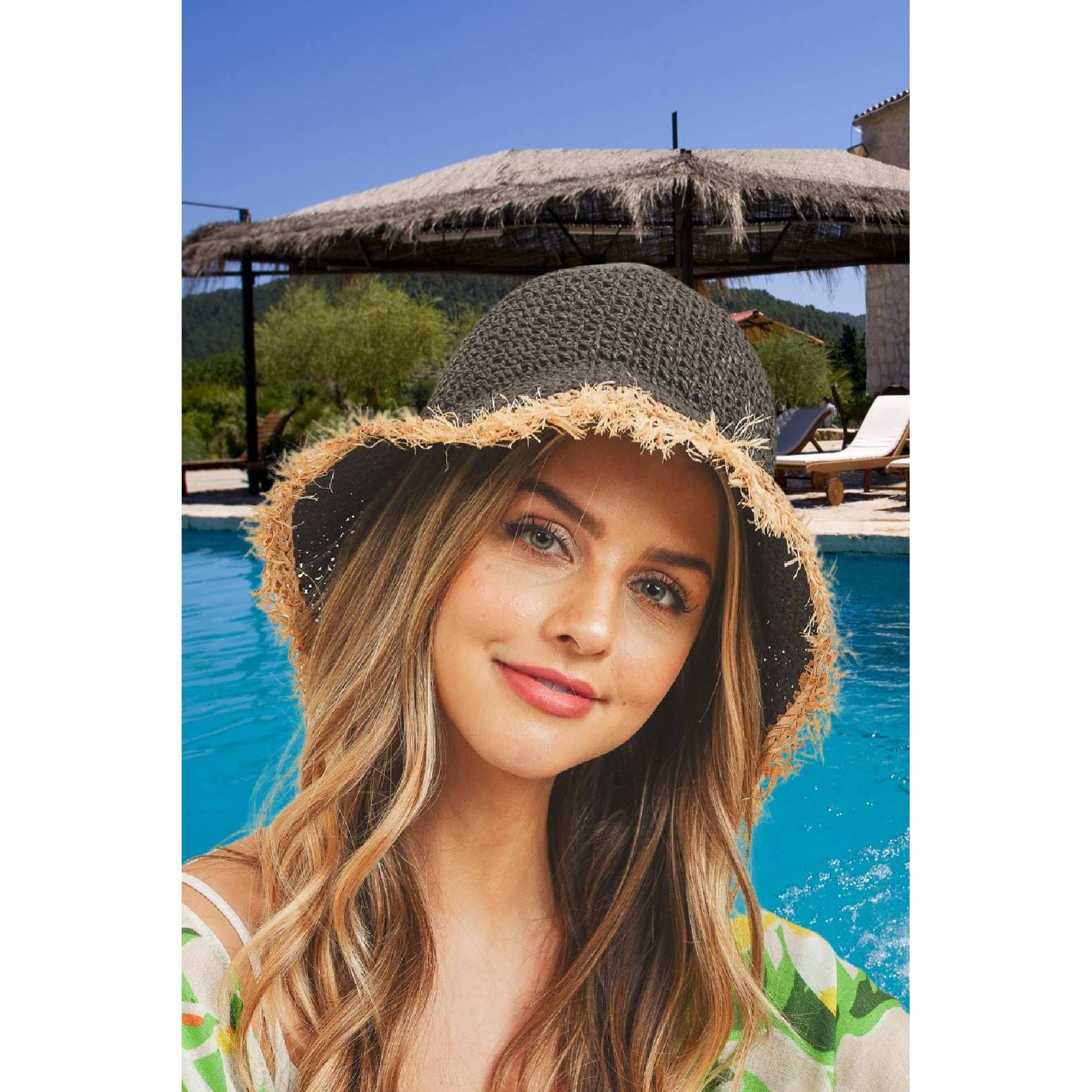 Frayed Edge Foldable Straw Bucket Hat | Beige